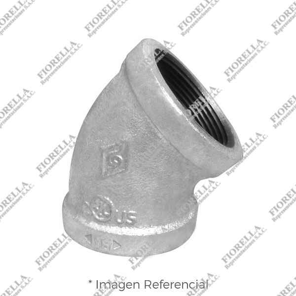 CODO (ELBOW) REFORZADO FIERRO MALEABLE GALVANIZADO A197 X 45 CLASE 150 ROSCA NPT (B1.20.1) CERTIFICACION UL/FM MOD. 120 MECH (JINAN MEIDE)