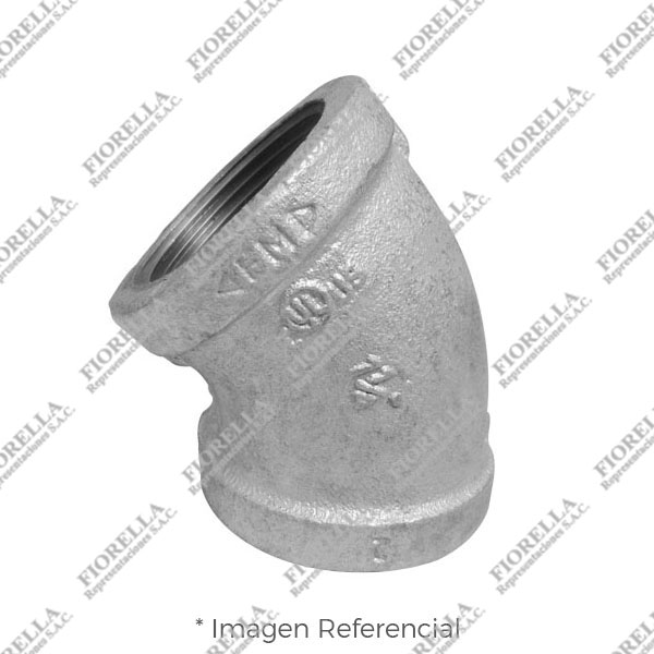 CODO (ELBOW) REFORZADO FIERRO MALEABLE GALVANIZADO A197 X 45 CLASE 150 ROSCA NPT (B1.20.1) CERTIFICACION UL/FM CIFUNSA