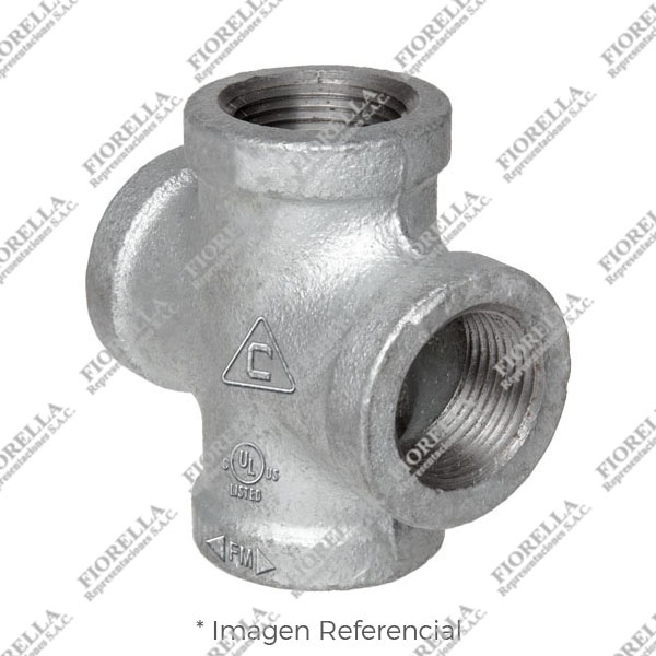 CRUZ ESTANDAR (CROSS EQUAL) CON REFUERZO FIERRO MALEABLE GALVANIZADO A197 CLASE 150 ROSCA NPT (B1.20.1) CERTIFICACION UL/FM CIFUNSA