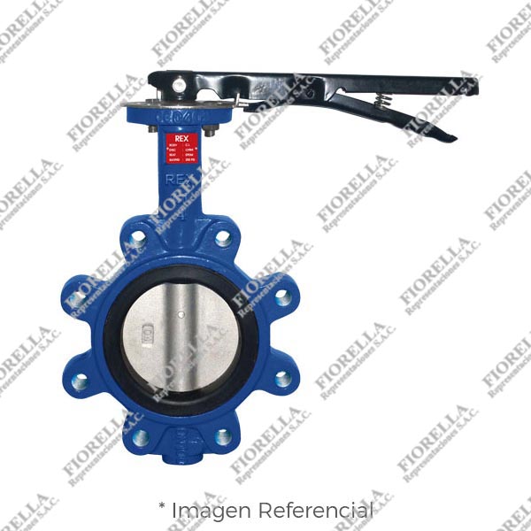 VÁLVULA MARIPOSA LUG FIERRO FUNDIDO ASTM A126 P/MONTAJE ENTRE BRIDAS ASME B16.5 CLASE 150 DISCO 316 (CF8M) ASIENTO BUNA-N/200 PSI (WOG) CON PLATO DE BASE PARA INSTALAR ACTUADOR ISO5211 Y SISTEMA MANUAL ON/OFF TIPO INDUSTRIAL REX