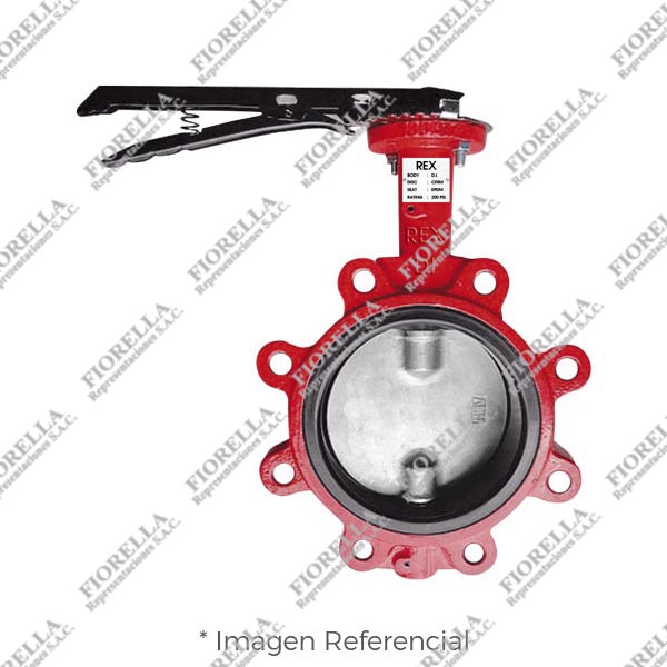 VÁLVULA MARIPOSA LUG FIERRO DUCTIL ASTM A536 P/MONTAJE ENTRE BRIDAS ASME B16.5 CLASE 150 DISCO 316 (CF8M) ASIENTO BUNA-N/200 PSI (WOG) CON PLATO DE BASE PARA INSTALAR ACTUADOR ISO5211 Y SISTEMA MANUAL ON/OFF TIPO INDUSTRIAL REX