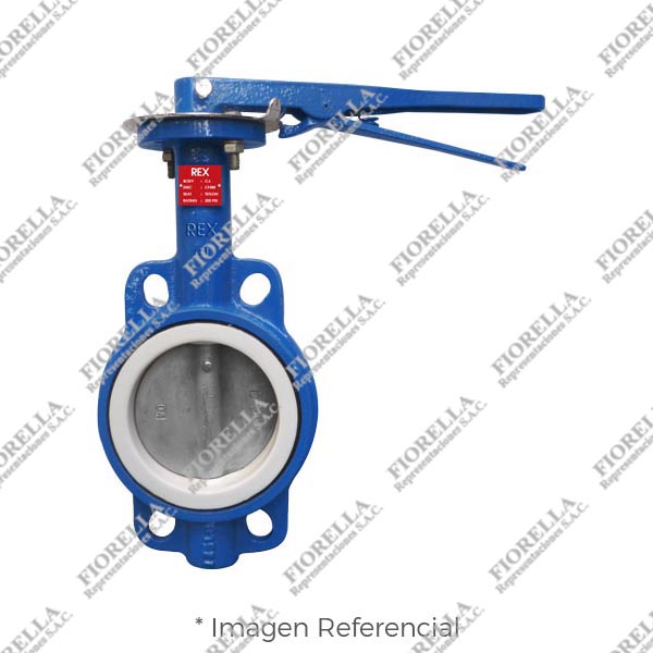VÁLVULA MARIPOSA WAFER FIERRO FUNDIDO ASTM A126 P/MONTAJE ENTRE BRIDAS ASME B16.5 CLASE 150 DISCO 316 (CF8M) ASIENTO TEFLON (RPTFE)/200 PSI (WOG) CON PLATO DE BASE PARA INSTALAR ACTUADOR ISO5211 Y SISTEMA MANUAL ON/OFF TIPO INDUSTRIAL REX