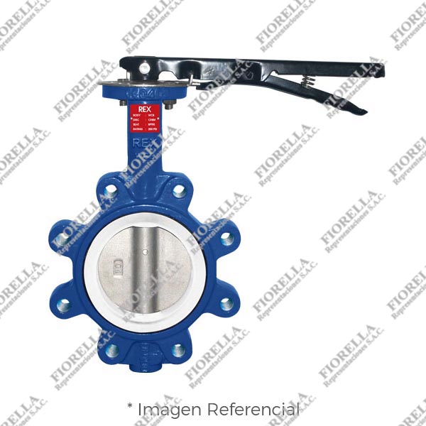VÁLVULA MARIPOSA LUG FIERRO DUCTIL ASTM A536 P/MONTAJE ENTRE BRIDAS ASME B16.5 CLASE 150 DISCO 316 (CF8M) ASIENTO TEFLON (RPTFE)/200 PSI (WOG) CON PLATO DE BASE PARA INSTALAR ACTUADOR ISO5211 Y SISTEMA MANUAL ON/OFF TIPO INDUSTRIAL REX
