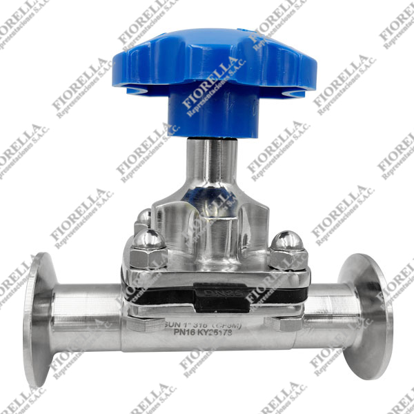 VÁLVULA DE DIAFRAGMA INOXIDABLE 316 (CF8M) SANITARIA, ASTM A270, PN 16, ASIENTO PTFE, EXTREMOS CLAMP 3A